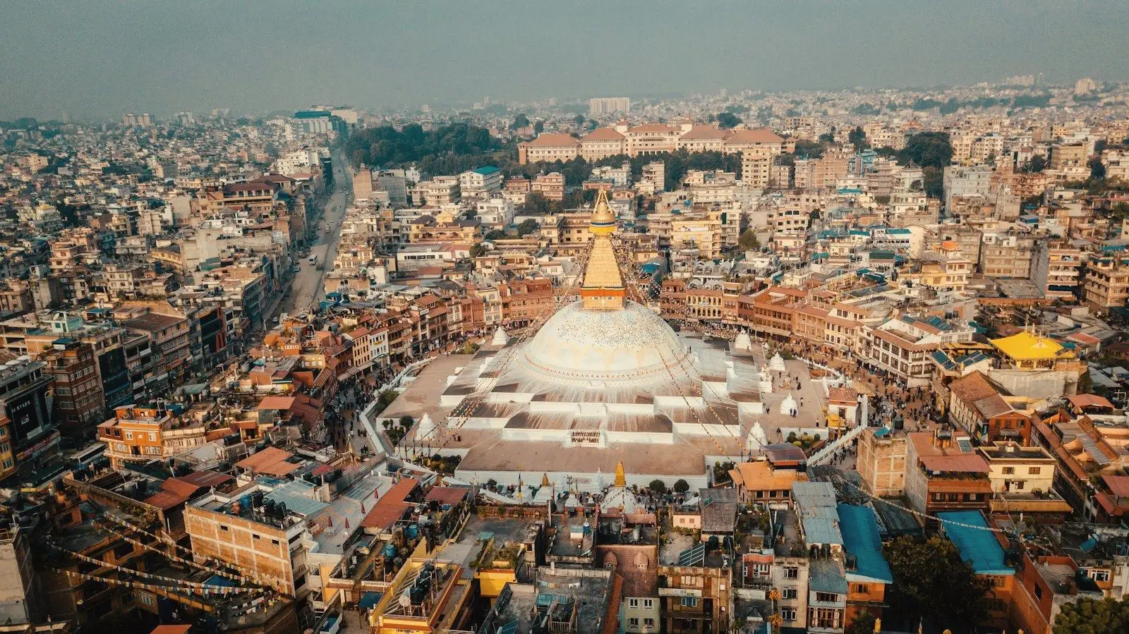 Aerial view of the great white dome of Boudhanath Stupa in Kathmandu